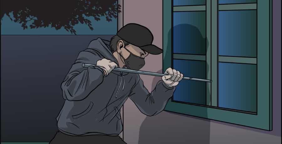 Illustration of burglar forcing entry through a window in Prescott